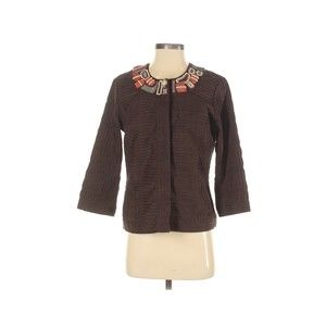 Chico's Womens Sz S (0) Jacket Brown Striped Beaded Snap Front Long Sleeve Boho